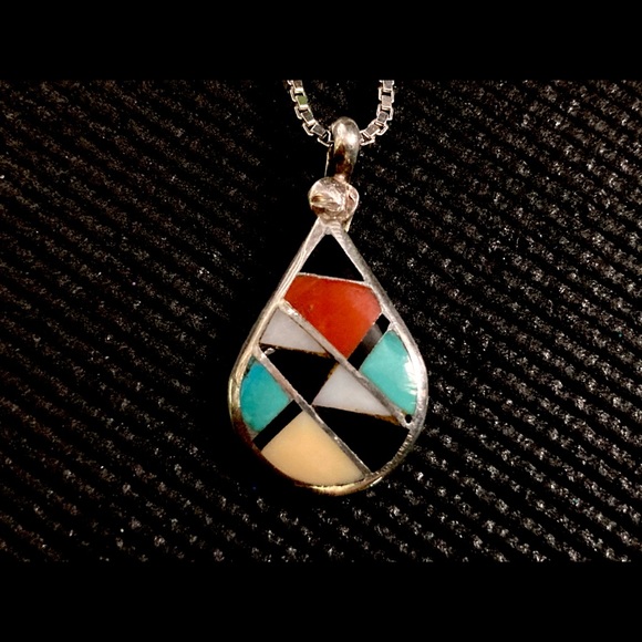Native American Jewelry - Signed Ralph Lillie Kallestewa RLK Sterling Silver Zuni Inlay Pendant Necklace